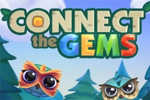 To ugler med store øyne foran skogsbakgrunn med teksten Connect the Gems skrevet i lyse farger