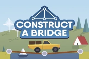 Et gult kjøretøy kjører over en bro med teksten CONSTRUCT A BRIDGE i bakgrunnen, omgitt av trær og en liten hvit bygning med rødt tak