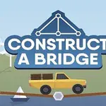 Et gult kjøretøy kjører over en bro med teksten CONSTRUCT A BRIDGE i bakgrunnen, omgitt av trær og en liten hvit bygning med rødt tak