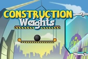Tekst Construction Weights over en bysilhuett med moderne bygninger og en svart kule på en plattform