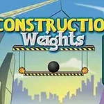 Tekst Construction Weights over en bysilhuett med moderne bygninger og en svart kule på en plattform