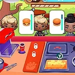 Fire tegneseriefigurer står ved en matdisk, og har hver sine bestillinger av hamburgere og pommes frites synlige i tankebobler over hodene deres