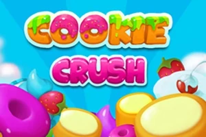 Fargerik samling av tegneserieaktige søtsaker mot en blå bakgrunn med teksten Cookie Crush