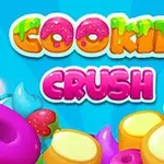 Fargerik samling av tegneserieaktige søtsaker mot en blå bakgrunn med teksten Cookie Crush