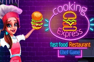Kvinne i kokkeuniform med hamburger i hånden ved siden av et neonskilt med teksten cooking express