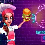 Kvinne i kokkeuniform med hamburger i hånden ved siden av et neonskilt med teksten cooking express