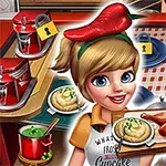 En tegneseriefigur med blondt hår og en grønn hårbøyle som holder en tallerken med stekt kjøtt og potetmos, omgitt av kjøkkenutstyr og ingredienser som chili på hodet