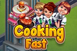 Tre glade figurer i uniform poserer foran en foodtruck med matretter, og teksten Cooking Fast er fremtredende i fronten