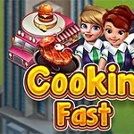 Tre glade figurer i uniform poserer foran en foodtruck med matretter, og teksten Cooking Fast er fremtredende i fronten