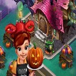 En tegnet kvinne iført en rød krabbehatt holder et utskåret gresskar foran et hus med et rosa tak, omgitt av Halloween-dekorasjoner og trær