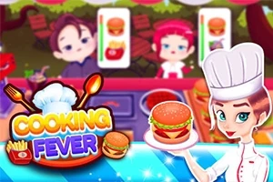 En tegnet kokk med hvit hatt holder en hamburger på et brett, med to kunder i bakgrunnen og tekst som sier Cooking Fever