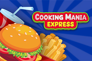 En illustrasjon av en hamburger, pommes frites og en brus med teksten Cooking Mania Express på en blå bakgrunn