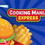 En illustrasjon av en hamburger, pommes frites og en brus med teksten Cooking Mania Express på en blå bakgrunn