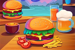 To hamburgere med salat, tomater, ost og brød omgitt av pommes frites, tomatskiver, en skål med saus, et glass appelsinjuice og et krus øl med fjellandskap i bakgrunnen