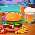 To hamburgere med salat, tomater, ost og brød omgitt av pommes frites, tomatskiver, en skål med saus, et glass appelsinjuice og et krus øl med fjellandskap i bakgrunnen