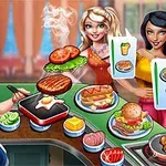 En glad kokk i kjøkkenuniform tilbereder en burger og speilegg til to smilende kunder ved en serveringsdisk