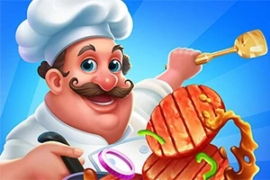 En tegneserieaktig kokk med stort smil, bart og kokkelue, holder en stekespade og står ved siden av et stort stykke stekt kjøtt med grønnsaker og saus