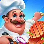 En tegneserieaktig kokk med stort smil, bart og kokkelue, holder en stekespade og står ved siden av et stort stykke stekt kjøtt med grønnsaker og saus