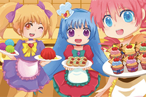 Tre anime-figurer i fargerike antrekk holder tallerkener med kaker og desserter og smiler i et kjøkkenmiljø