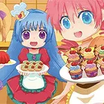 Tre anime-figurer i fargerike antrekk holder tallerkener med kaker og desserter og smiler i et kjøkkenmiljø