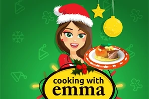 Tegning av en kvinne med nisselue som holder en tallerken med mat, omgitt av juledekorasjoner på en grønn bakgrunn, og teksten cooking with emma