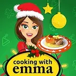 Tegning av en kvinne med nisselue som holder en tallerken med mat, omgitt av juledekorasjoner på en grønn bakgrunn, og teksten cooking with emma