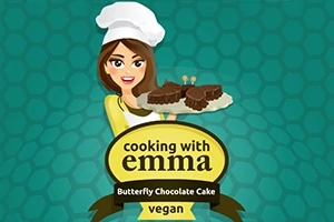 En kvinne med kokkelue holder en tallerken med sjokoladeformede desserter foran en grønn bakgrunn, med teksten cooking with emma og Butterfly Chocolate Cake vegan i forgrunnen
