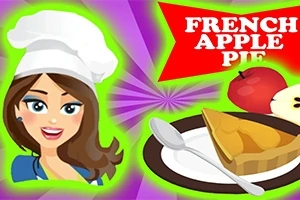 Tegneserieillustrasjon av en kvinnelig kokk med en hvit kokkehatt ved siden av et fat med eplepai, en skje, og teksten French Apple Pie på en rød bakgrunn