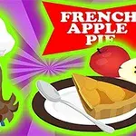 Tegneserieillustrasjon av en kvinnelig kokk med en hvit kokkehatt ved siden av et fat med eplepai, en skje, og teksten French Apple Pie på en rød bakgrunn