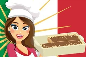 Kvinnelig kokk i hvit kokkehatt holder en bakke med dessert foran en bakgrunn med italienske flaggfarger