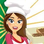 Kvinnelig kokk i hvit kokkehatt holder en bakke med dessert foran en bakgrunn med italienske flaggfarger