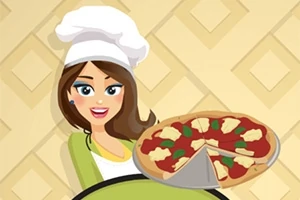 Kvinne i kokkelue holder en pizza med tomatsaus, ost og basilikum foran en mønstret bakgrunn