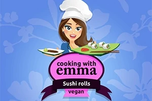 Tegning av en kvinne i kokkehatt som holder to fat med sushi, over teksten Cooking with Emma: Sushi rolls vegan mot en blå bakgrunn