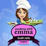 Tegning av en kvinne i kokkehatt som holder to fat med sushi, over teksten Cooking with Emma: Sushi rolls vegan mot en blå bakgrunn