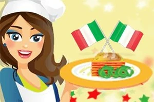 Kvinne i kokkeuniform holder en tallerken med italiensk lasagne pyntet med italienske flagg