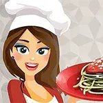 En smilende, tegnet kvinne i kokkehatt holder en rød tallerken med en tallerken spaghetti og en hjerteformet saus på toppen