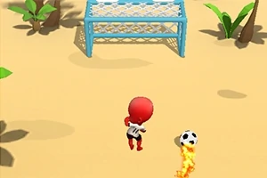En animert figur i hvit trøye sparker en fotball med flammer mot et blått fotballmål på en sandbakgrunn med noen grønne planter rundt