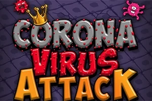 Fargerik tekst med ordene Coronavirus Attack med en krone på bokstaven C og små rosa virusfigurer i bakgrunnen