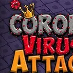 Fargerik tekst med ordene Coronavirus Attack med en krone på bokstaven C og små rosa virusfigurer i bakgrunnen