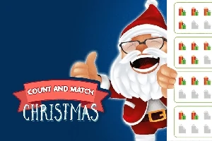 Julenisse med briller og tommel opp ved siden av teksten Count and Match Christmas på blå bakgrunn, med små gaveikoner til høyre