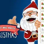 Julenisse med briller og tommel opp ved siden av teksten Count and Match Christmas på blå bakgrunn, med små gaveikoner til høyre