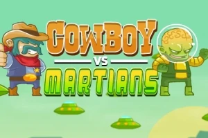 En tegneseriestil illustrasjon av en cowboy og en marsboer med romskip i en grønnaktig bakgrunn