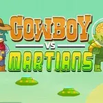 En tegneseriestil illustrasjon av en cowboy og en marsboer med romskip i en grønnaktig bakgrunn