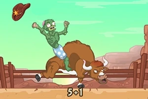 En grønn zombie med blå prikete shorts rir på en okse, med en cowboyhatt som flyr i luften