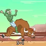 En grønn zombie med blå prikete shorts rir på en okse, med en cowboyhatt som flyr i luften