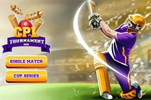En tegnet cricketspiller iført lilla drakt svinger balltreet, med tekst som viser CPL Tournament 2020 og alternativer for å velge kampmoduser