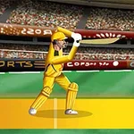 En cricketspiller i gul drakt slår en ball på en stadion med publikum i bakgrunnen