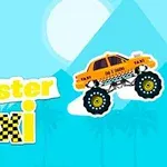 En gul monstertruck med taxi påskrift foran en blå bakgrunn med fjell og palmer