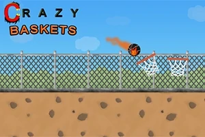 Basketball i flammer hopper mot kurven over et gjerde med teksten Crazy Baskets i hjørnet