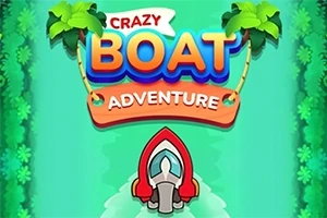 Fargerik illustrasjon av en båt som kjører på vann omgitt av grønne trær og stort teksten Crazy Boat Adventure over